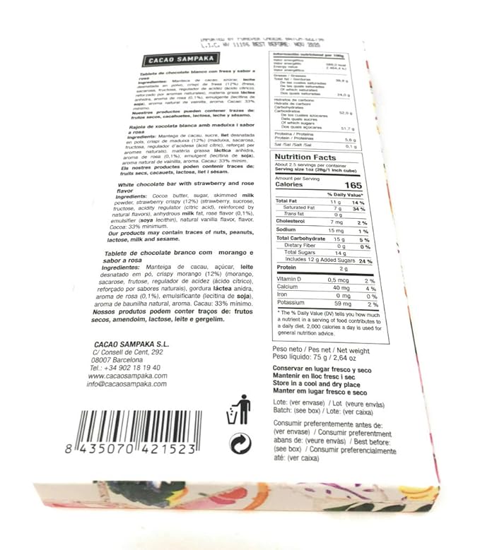Cacao Sampaka Roses And Strawberries Chocolate Bar 2.64 Oz