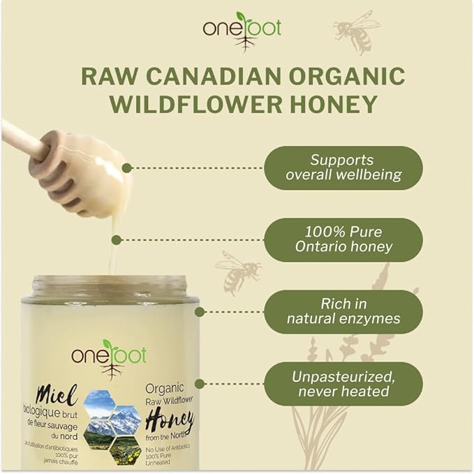 Oneroot 100% Organic Canadian Wildflower Honey - 17.6 Oz/1.1 Lbs Unheated &amp Creamed - Nutrient-Rich Natural Sweetener with Enzymes - Thick &amp Pure Raw Unfiltered Honey