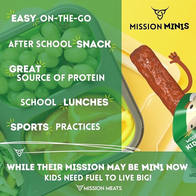Mission Meats Kids Beef Sticks 100% Grass Fed Healthy Snacks for Kids Zero Sugar 9g Protein per Serving Gluten &amp Nut Free Individually Wrapped Mini 0.5oz (24ct Bag)