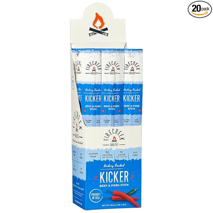 FireCreek Snacks Beef Sticks (Jerky Sticks) Hickory Smoked Beef &amp Pork Meat Sticks 20 Pack (1 oz) 7g Protein 1g Carbs Gluten Free Soy Free No MSG Kicker Spicy