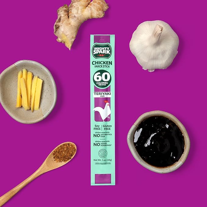 Mighty Spark Chicken Snack Sticks - Teriyaki - 5g of Protein No Hormones Added Gluten Free Soy Free Meat Sticks - High Protein Keto Snacks Weight Watchers Approved Snacks - 48 Count