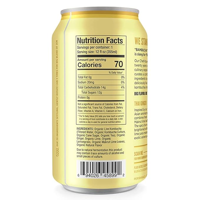 Bambucha Kombucha Thai Ginger 12 Pack Case | Chef Crafted Flavor 100% Raw Kombucha Tea Drink | Organic Vegan Gluten Free Non GMO Probiotic (12 Fl Oz Cans)