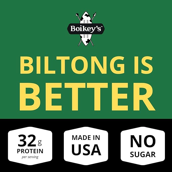 Boikeys Biltong South African Style Beef Jerky - Chili Flavor - Gluten Free - Zero Sugar Keto Friendly - 32g Protein - Premium Round Roast Beef Cuts - Naturally Cured - 2 oz (3 Pack)