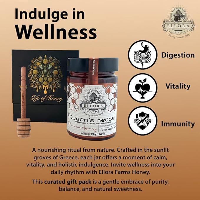 Ellora Farms Greek Honey Lemon &amp Orange Blossom Raw Unpasteurized Honey 2025 Paris Platinum Award Non-GMO and Unpasteurized Gift Pack with Dipper - 450g (16oz)