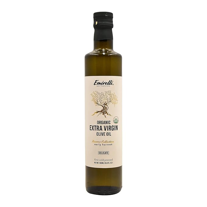 Emirelli Organic Extra Virgin Olive Oil - USDA Certified Rich in Polyphenols First Cold Pressed - Early Harvest Smooth Intense and Delicate Flavor - Glass Bottle 16.9 Fl Oz (Organic Delicate Inte