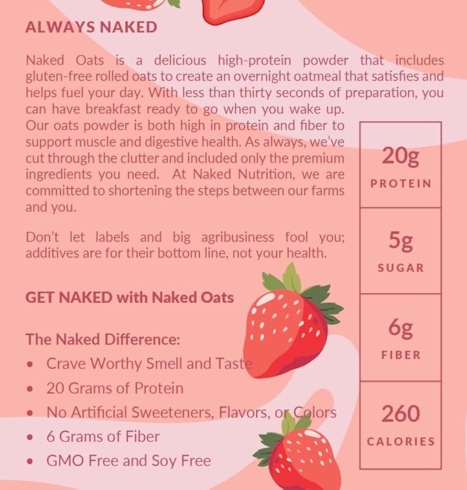 Naked Oats - Strawberry Cream Overnight Oats 20g Grass-Fed Protein Gluten-Free Oatmeal Instant Breakfast or Shake High Protein Oatmeal High Fiber Breakfast Shake Non GMO No Soy - 12 Servings