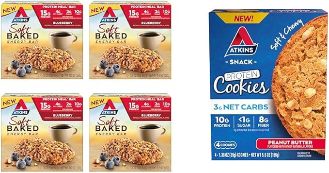 Atkins Soft Baked Energy Bars Blueberry 15g Protein2g Sugar Excellent Source &amp Peanut Butter Protein Cookie Protein Dessert Rich in Fiber 3g Net Carb 1g Sugar
