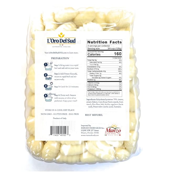 L'Oro Del Sud Pack of 3 Gluten Free Potato Gnocchi Cooks in 2-3 Minutes Shelf Stable Product of Italy NON GMO Wheat Free Eggs Free Vegan