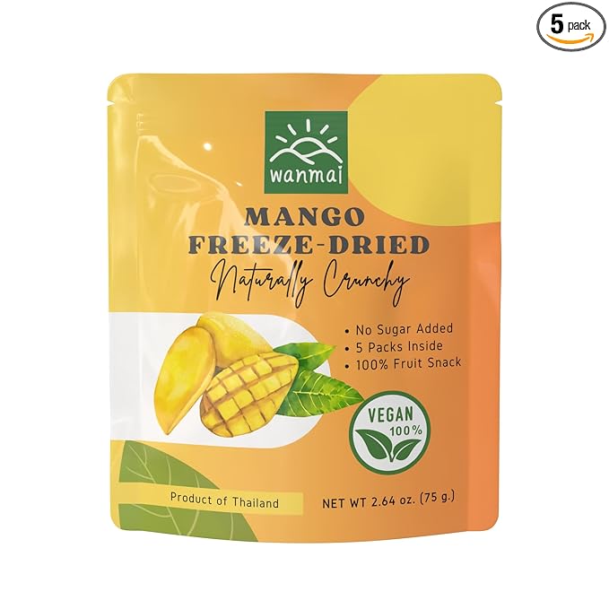 WANMAI29 Mango Freeze Dried Tropical Snack for Kids and Adults Crispy Fruit Pieces No Sugar Added Non-GMO and Gluten Free Pack of 5 (0.52 oz Each)