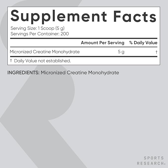 Sports Research Creatine Monohydrate - Gain Lean Muscle Improve Performance and Strength and Support Workout Recovery - 5 g Micronized Creatine - 35.27 oz