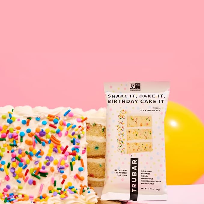 TRUBAR Vegan Protein Bar Shake it Bake it Birthday Cake it Gluten Free Plant Based Protein Dairy Free Non GMO Soy Free No Sugar Alcohols 12G Protein 12G Fiber 23G Carb Snack Bars 12ct