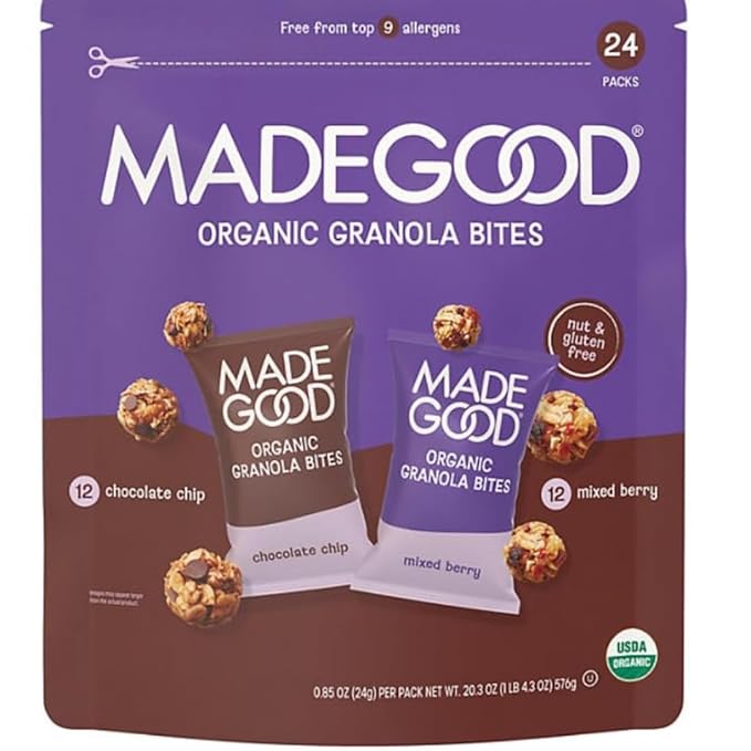 MadeGood' Organic Granola Bites Variety Pack Mixed Berry &amp Chocolate Chip USDA Organic Allergy Friendly Snack 20.3 oz (24 Servings) (Pack of 2)