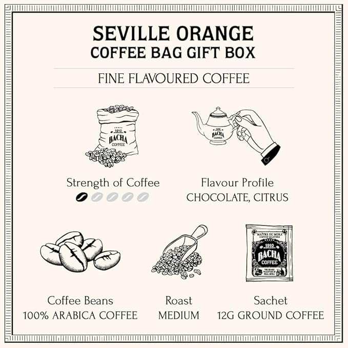 Bacha Coffee | Seville Orange Fine Flavoured Medium Roast 100% Arabica Specialty Coffee 12 Coffee Drip Bags Gift Box
