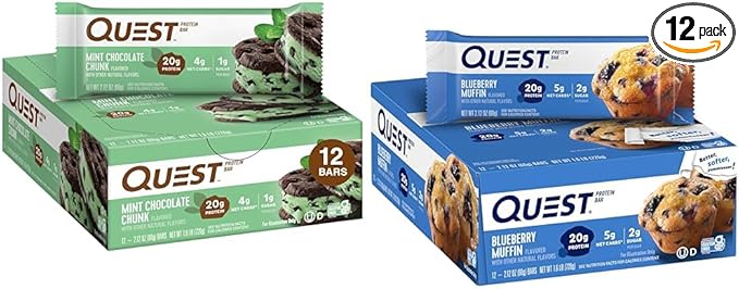 Quest Nutrition Mint Chocolate Chunk Protein Bars High Protein Low Carb Gluten Free &amp Blueberry Muffin Protein Bars High Protein Low Carb Gluten Free 12 count