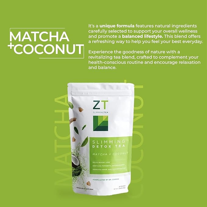 Dr. Zisman ZT Slimming - Matcha-Coconut Herbal Tea Blend with Senna Leaf- Antioxidant Effects - 28 Day Wellness Blend (28 Tea Bags)