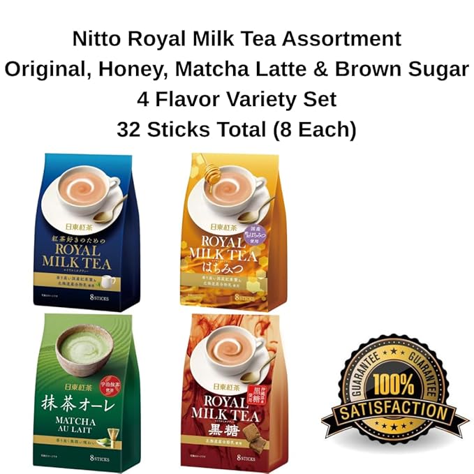 Nitto Royal Milk Tea Assortment – Original Honey Matcha Latte &amp Brown Sugar – 32 Sticks Total (8 Each) – Japanese Instant Milk Tea Variety Set