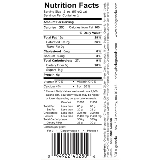 BOLA granola Bars Gluten-Free Original 70% Organic Bittersweet Chocolate Almond &amp Pumpkin Seed 6-Pack