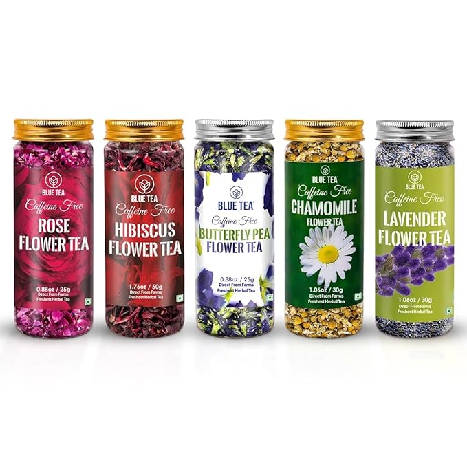 BLUE TEA - Flower Tea Combo - 5.64 Oz (Pack of 5) | Butterfly Pea Rose Hibiscus Chamomile Lavender | VARIETY PACK | Caffeine Free - Non-Bitter - Herbal Tea - Flower Based | Pet Jar Pack