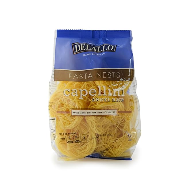 DeLallo Capellini Angel Hair Pasta Nests Made in Italy Made with Durum Wheat Semolina Non-Enriched Flour All Natural Kosher Non-GMO Preservative Free 8.82 oz Bag (3 Pack)