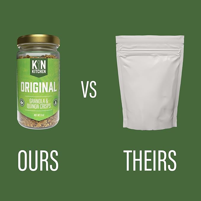 Kin Kitchen non-GMO Granola &amp Organic Quinoa Crisps in a Glass Jar Recyclable and Resusable. Made with Real Fruit. No Aritificial Colors Flavors or Perservatives. Made in USA with Globally Sour