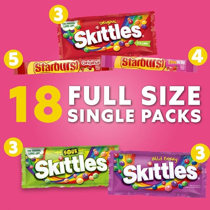 SKITTLES &amp Starbust Assorted Candy Variety Pack for Holidays Gifts Parties Candy Assortment 37.05 oz (18 Count) Bulk Box