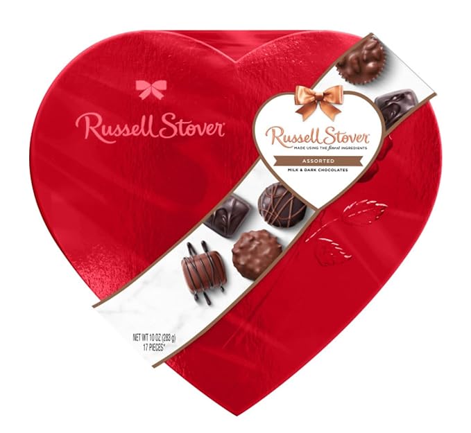 Russell Stover Valentine's Day Red Foil Heart - Pack of 2 - Assorted Milk and Dark Chocolate - 17 Pieces Per Box - Great For Sharing with Friends and Family