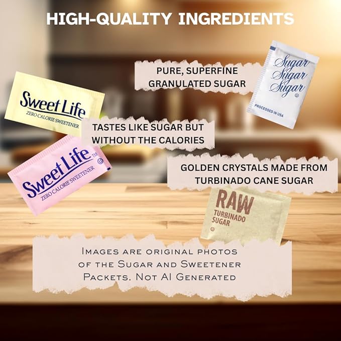Happy Little Heart Sugar &amp Sweetener Assortment Packets - Sucralose Saccharin Brown Sugar Pure Cane Sugar &amp HLH Sip and Stir Coffee Stirrers (400 Pack) - Perfect for Home Office Coffee Sh