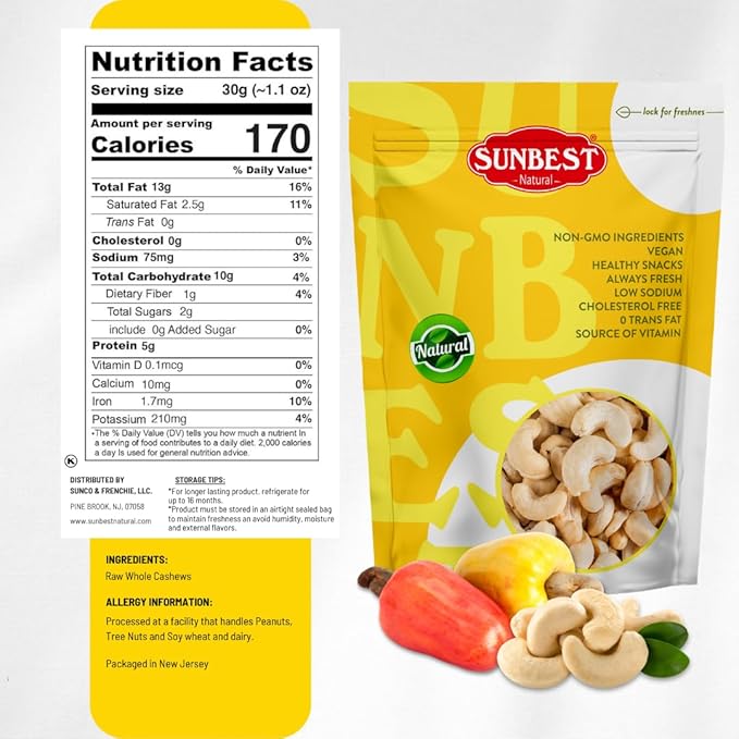 Sunbest Natural Raw Whole Cashews – 48 oz (3 lb) Bulk Bag – Unsalted Unroasted Cashews Vegan Gluten-Free Non-GMO – Perfect for Snacking Cooking &amp Baking