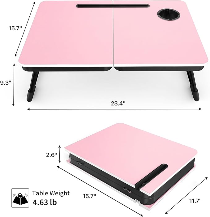 BUYIFY Foldable Laptop Bed Desk for Couch Sofa - Large Lap Desk Tray Table with Cup Holder and Tablet Slot - Portable Notebook Stand for Eating Writing Studying and WFH (Pink)