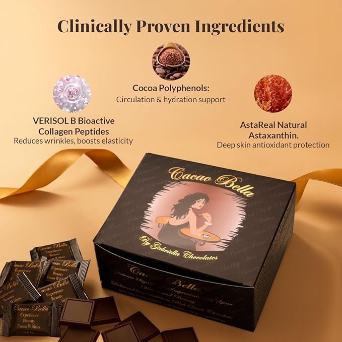 Cacao Bella®️ Clinically Proven Collagen Supplement Dark Chocolate Bars 2500 mg VERISOL® Bioactive Peptides 4 mg AstaReal® Astaxanthin &amp Cocoa Flavanols Supports Skin Elasticity Hair &amp Na
