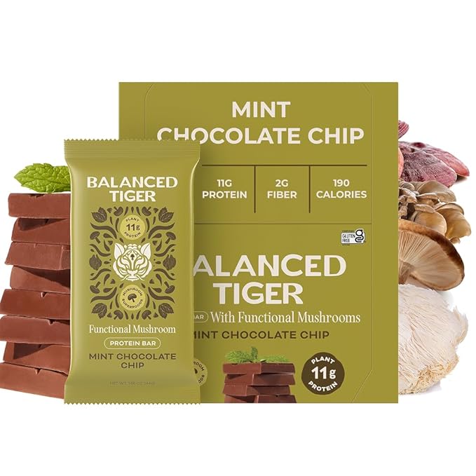 Functional Mushroom Vegan Protein Bars | Made in USA | Full Dose Lions Mane Shitake Reishi &amp Maitake Bars | Plant Protein Bars w/Adaptogens &amp Superfoods | Mint Chocolate Chip Flavor