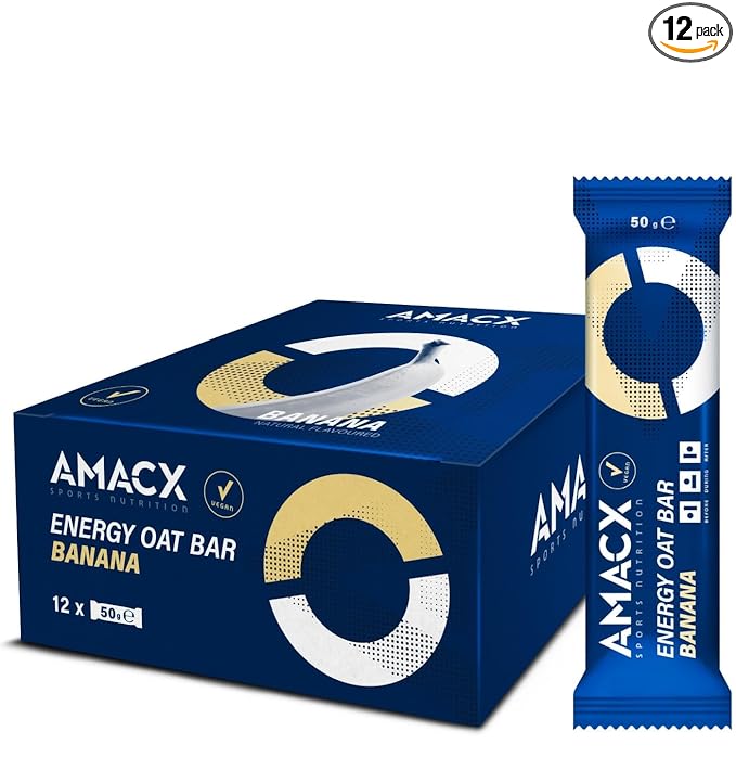 AMACX Energy Oat Bar for Endurance Sports – 12 x 50g – Energy Bars Carbohydrate mix (31g) – Vegan Protein Bar with 50mg magnesium – Running &amp Hiking Snacks – Healthy Oatmeal Power Bars - Banana