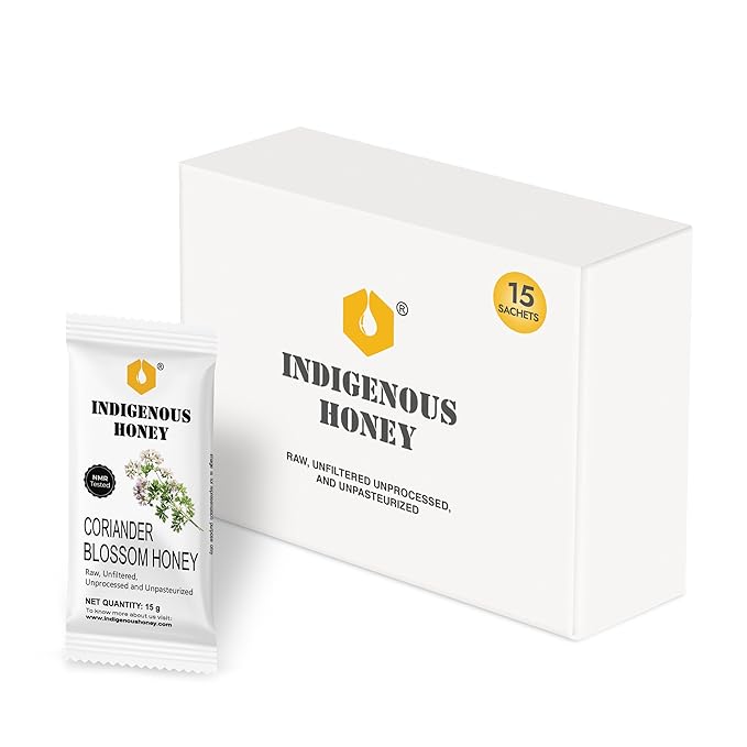 INDIGENOUS HONEY Organic Coriander Honey Natural Raw Pure Unprocessed Added Sugar Free NMR Tested Unpasteurized Unheated 15 Gift Sachets 15g Each Total 225g