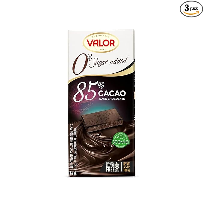 Valor. 85% Cocoa Dark Chocolate. No sugar added. 100g (3.53oz). Pack of 3.
