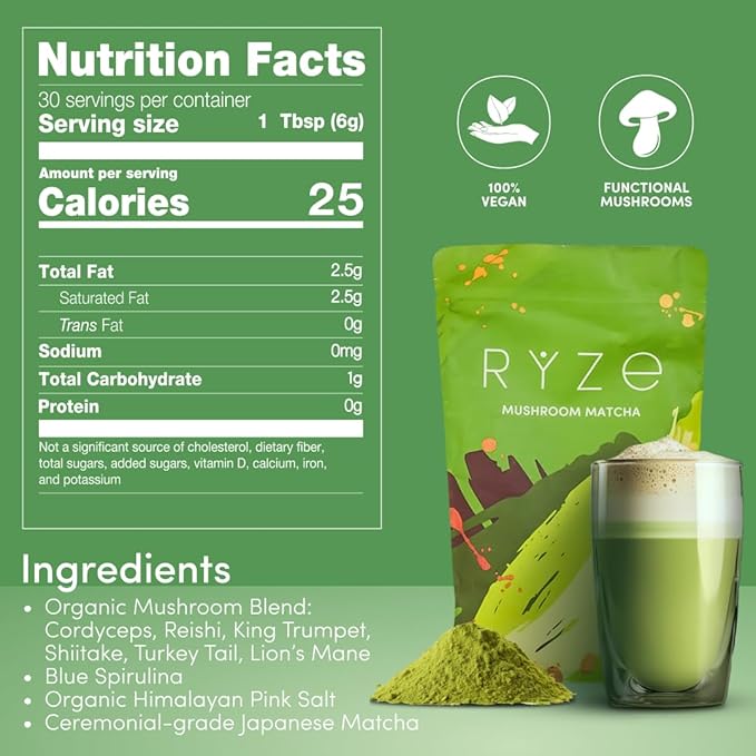RYZE SUPERFOODS Mushroom Matcha USDA Organic with 6 Adaptogenic Mushrooms and Ceremonial-Grade Matcha for Energy Focus Digestion Immunity with Turkey Tail Shiitake Lion's Mane 30 servings