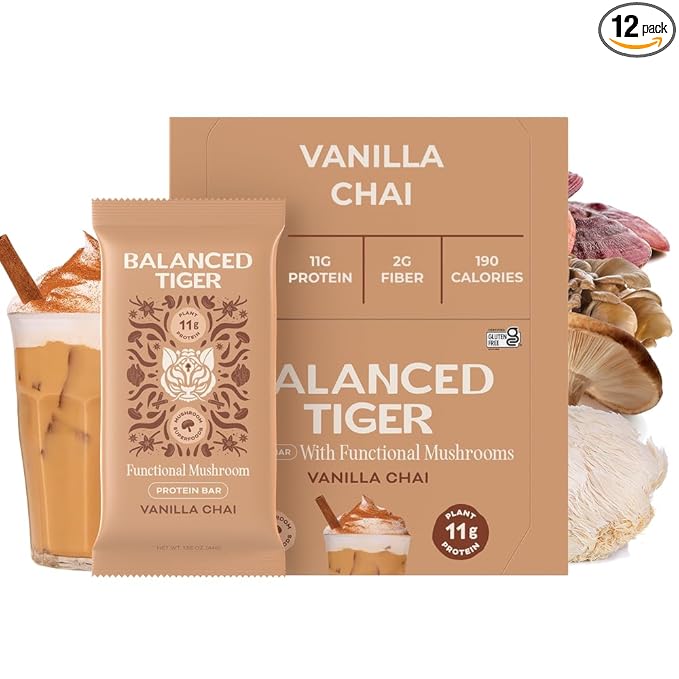 Functional Mushroom Vegan Protein Bars | Made in USA | Full Dose Lions Mane Shitake Reishi &amp Maitake Bars | Plant Protein Bars w/Adaptogens &amp Superfoods | Vanilla Chai Flavor