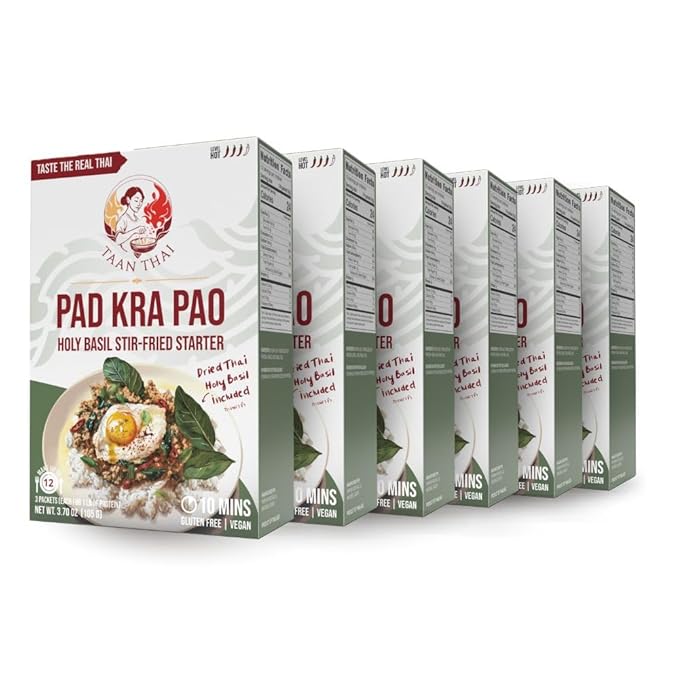 TAAN THAI PAD KRA PAO Stir-Fry Kit – Authentic Thai Holy Basil (Kra Pao) Starter – Vegan Gluten-Free No Preservatives – Easy to Cook – 3 Packets per Box (Makes 12 Dishes) (6)