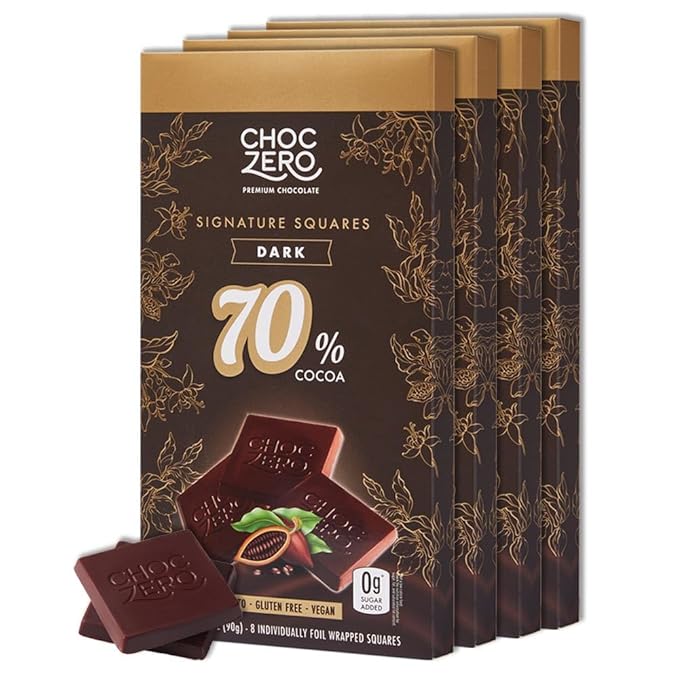 ChocZero 70% Cocoa Dark Chocolate Squares Sugar Free Vegan Low Carb High Fiber Keto Friendly No Sugar Alcohols (4 Count 3.2oz Boxes)