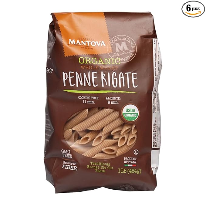 Mantova Italian Organic Whole Wheat Penne Rigate Pasta 100% Durum Semolina Organic Penne - 16 Oz (Pack Of 6) - Product Of Italy