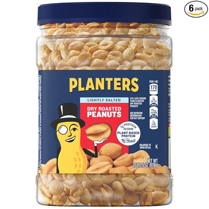 PLANTERS Peanuts Lightly Salted Peanuts Dry Roasted Snacks for Adults (6 ct Pack 2.2 lb Containers)