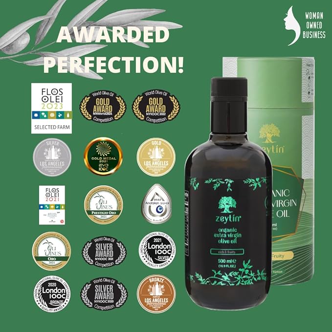 Zeytin Olive Oil Extra Virgin - GOLD MEDAL &amp Early Harvest - Fresh 2024 Harvest Bottled in May 2024 - New Luxury Packaging - Vegan Keto &amp Cold Pressed - Rich &amp Fruity (16.9fl oz - 1 Pack