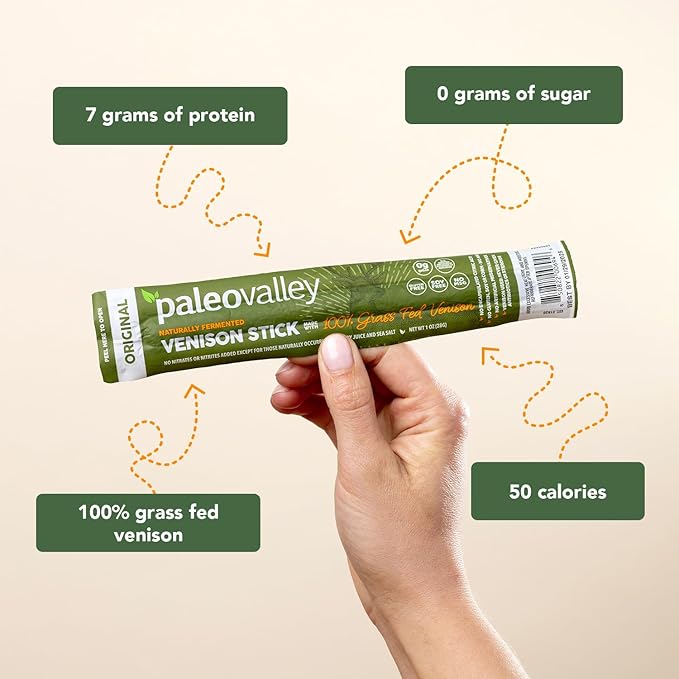 Paleovalley 100% Grass Fed Venison Sticks – 10 Pack – Keto-Friendly High Protein Low-Calorie Snack – Omega-3 Rich Gluten-Free Nitrate-Free Naturally Flavored – Healthy On-the-Go Meat Snack
