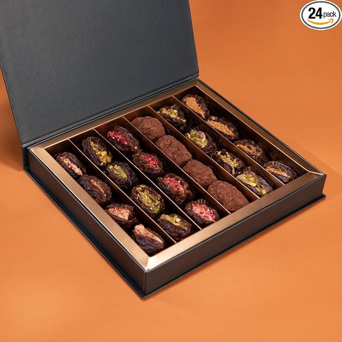 OMNIYA Delicacy Exquisite Medjool Dates 24 PCs Collection - Pistachio Strawberry Cinnamon Praline Lotus Ashta Cream - Essential Gift for Ramadan Eid Holidays Birthdays &amp Special Occasions