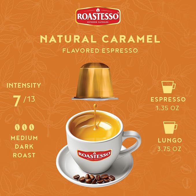 Roastesso Coffee Natural Caramel Flavored Espresso Pods Nespresso Capsules Compatible with Original Line Machines Barista Creations Flavor Pack Medium Dark Roast Ristretto (40 Count)