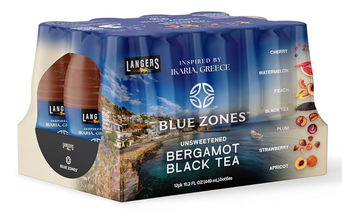 Langers Blue Zones Inspired Unsweetened Tea Bergamot Black Tea with Fruit Juice 15.2 Fl Oz (Pack of 12)