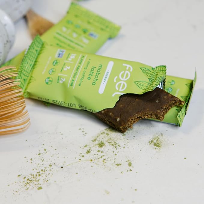 Feel Vegan Protein Bars Energize 65mg Caffeine 15g Plant Protein Organic Snack Low Sugar Low Carb Gluten Free Dairy Nut Grain Soy Free Matcha Latte 10 Pack