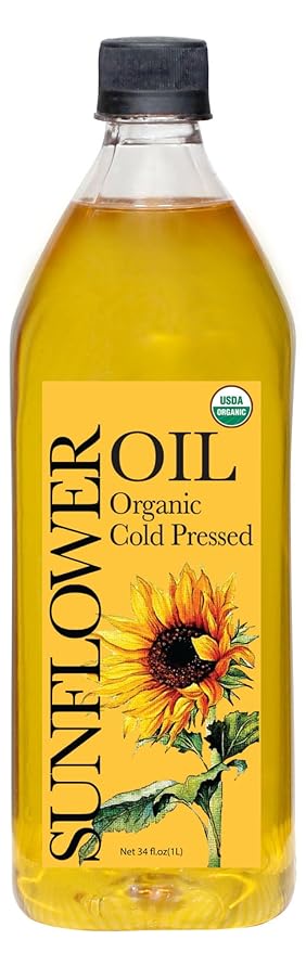 Daana Sunflower Oil: Certified USDA Organic Extra Virgin Cold Pressed High Oleic Non-GMO. Healthy Oil for Cooking Baking Frying Hair and Skin Care. Pesticide and Chemical Free (34 Fl oz) (Pack