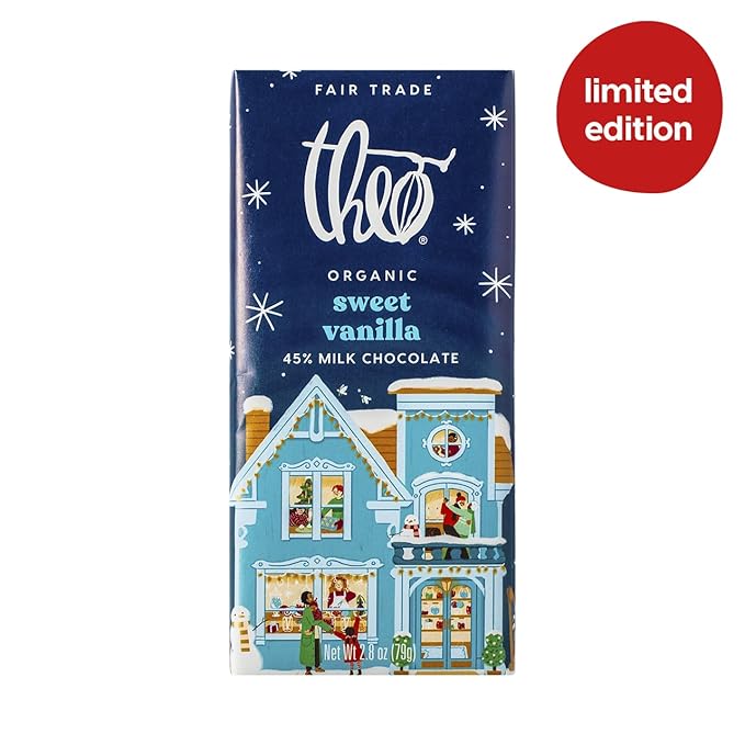 Theo Chocolate Holiday Sweet Vanilla Organic Milk Chocolate Bar 45% Cacao 12 Count | Fair Trade