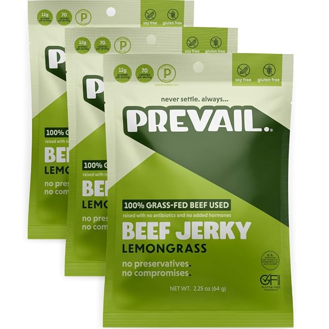 PREVAIL Lemongrass Grass-Fed Beef Jerky | Gluten Free | 100% Grass-Fed | High Protein Snacks | Free of Preservatives | No GMO's | Pack of (3) Bags | 2.25oz