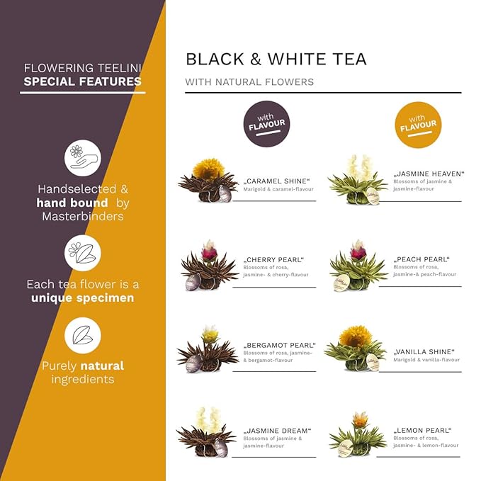 Creano Blooming Tea Tealini - Tea Flowers in Cup Size - Gift Set in Wooden Tea Box - 12 pcs in 8 Varieties - White Tea &amp Black Tea
